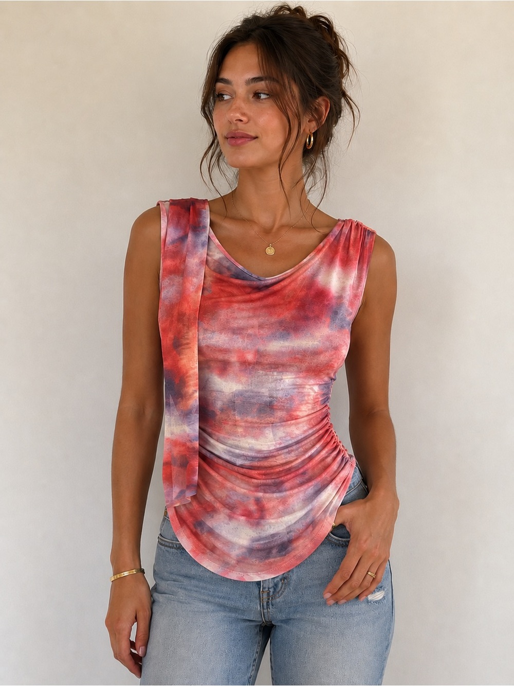 Pink Queen Sleeve Cap Tie-Dye Ruched Women's Top in Red Pink Purple Size S NWT